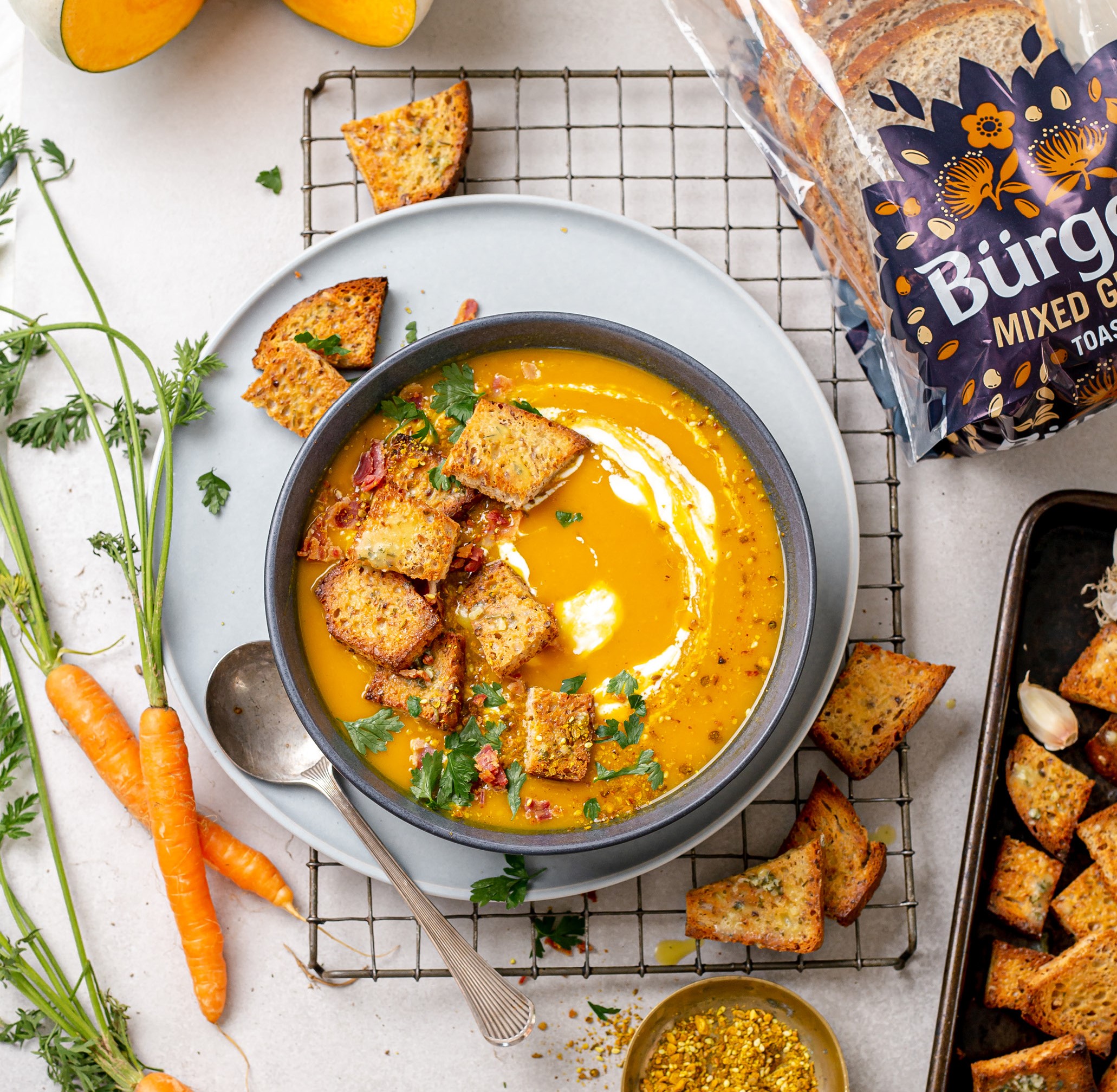 Roasted pumpkin and carrot soup with Bürgen croutons